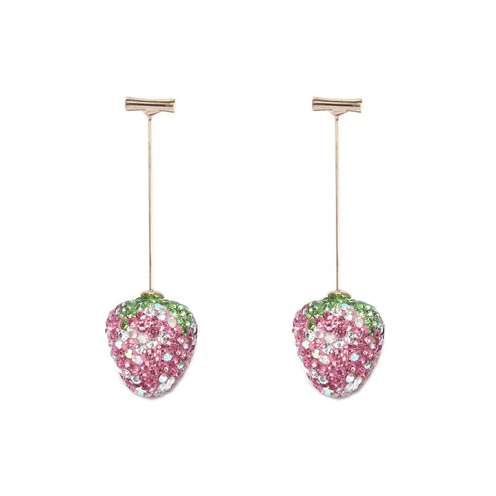 Red strawberry charm stud earrings with spot drill finish on zinc alloy.