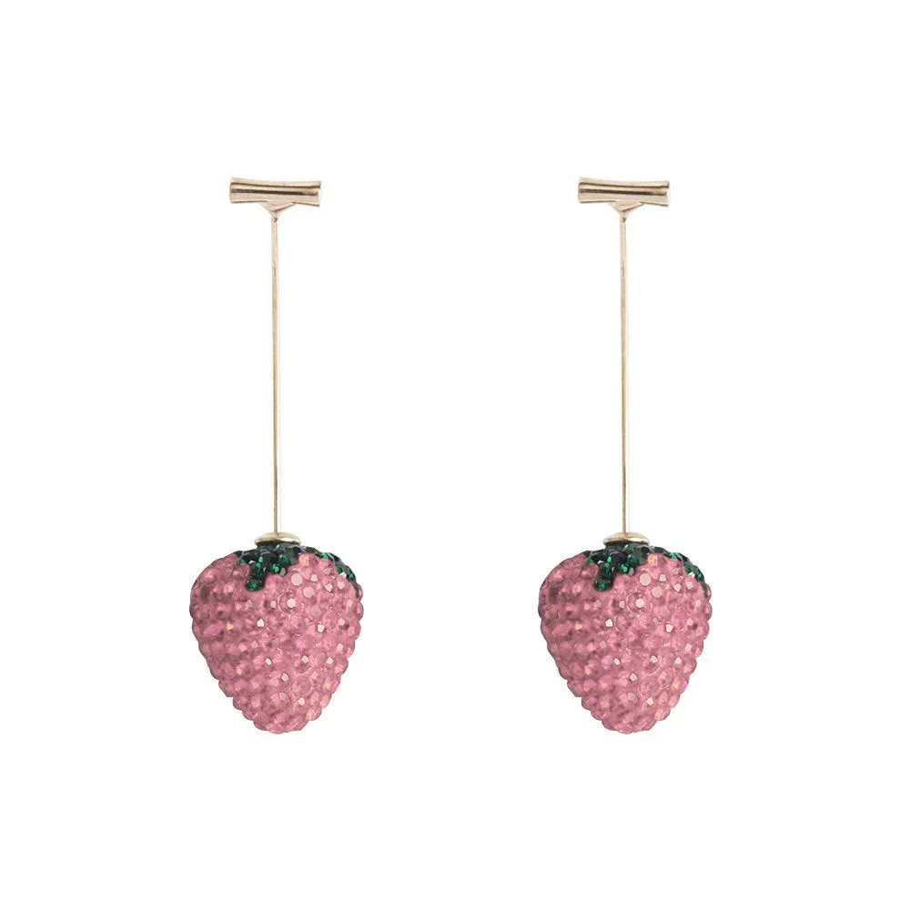 Red strawberry charm stud earrings with spot drill finish on zinc alloy.