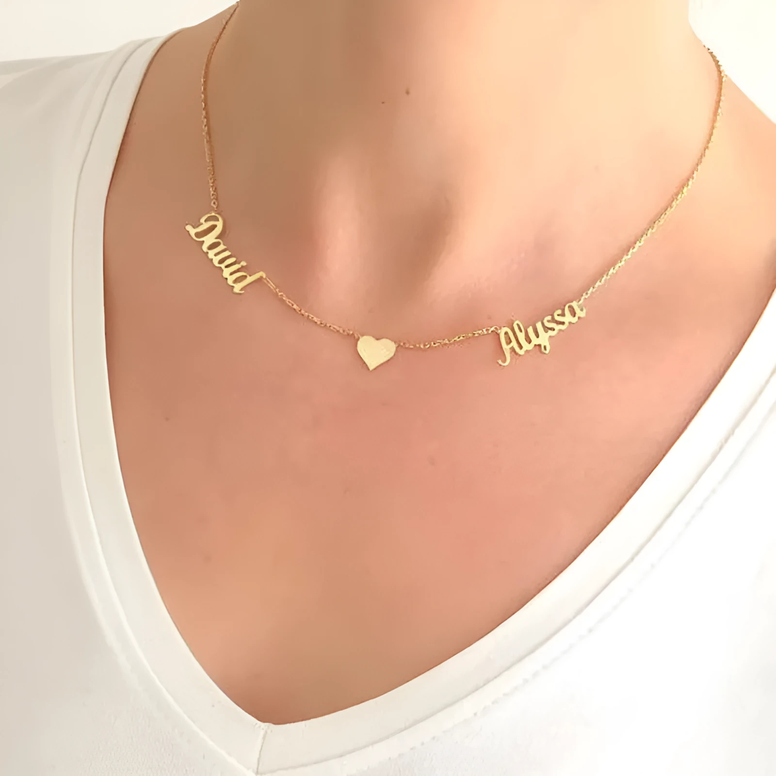 Custom love necklace for women with personalised stainless steel pendant in gold colour on snake bone chain