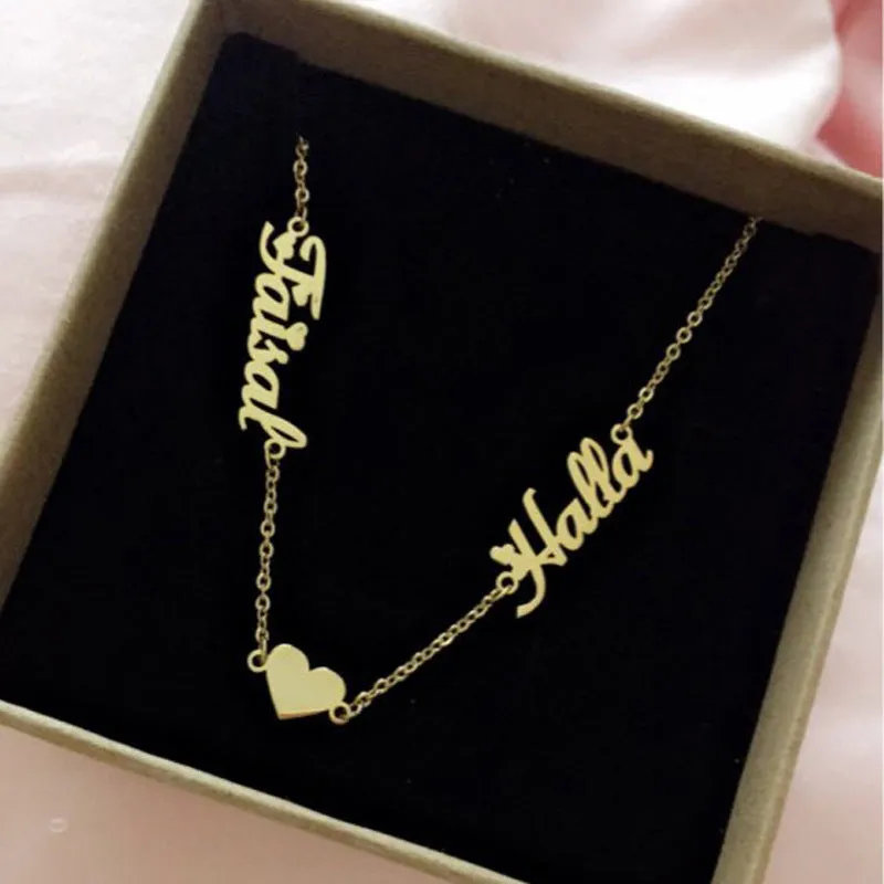 Custom love necklace for women with personalised stainless steel pendant in gold colour on snake bone chain