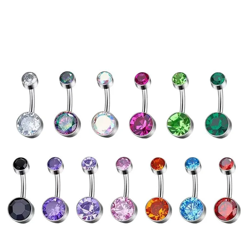 Titanium alloy double-headed navel stud with zircon accents in various colours and lengths.
