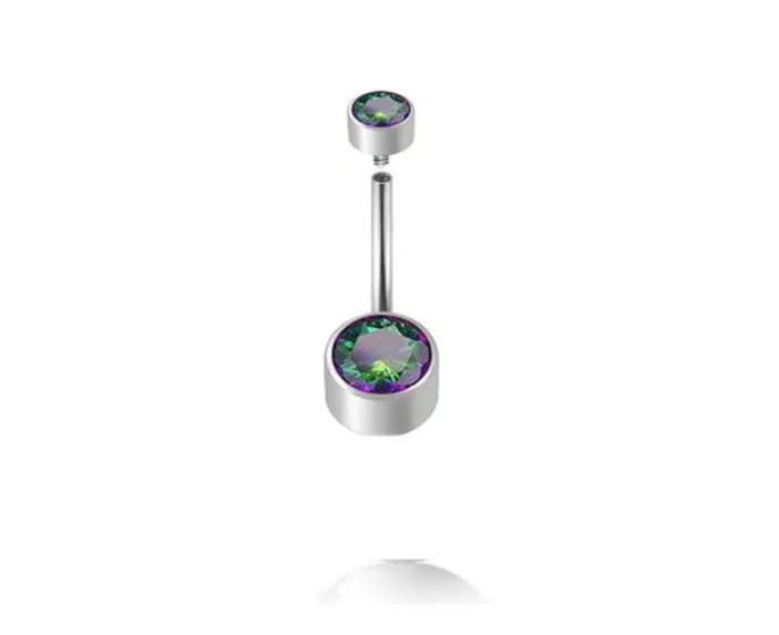Titanium alloy double-headed navel stud with zircon accents in various colours and lengths.