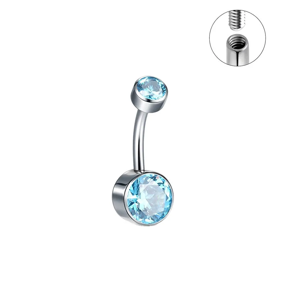 Titanium alloy double-headed navel stud with zircon accents in various colours and lengths.