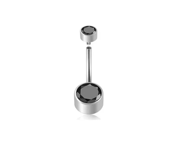 Titanium alloy double-headed navel stud with zircon accents in various colours and lengths.
