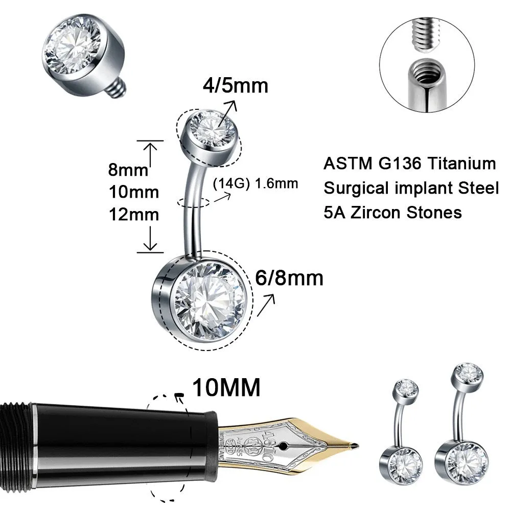 Titanium alloy double-headed navel stud with zircon accents in various colours and lengths.
