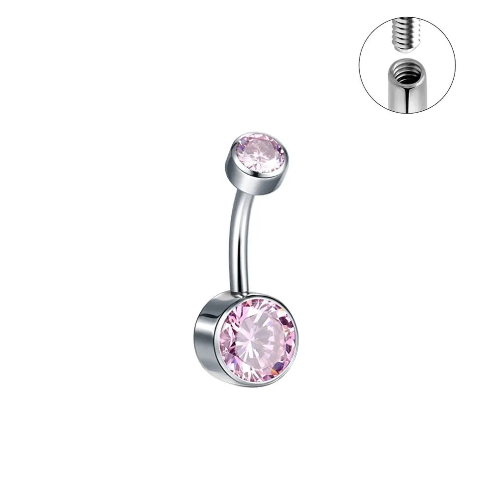 Titanium alloy double-headed navel stud with zircon accents in various colours and lengths.