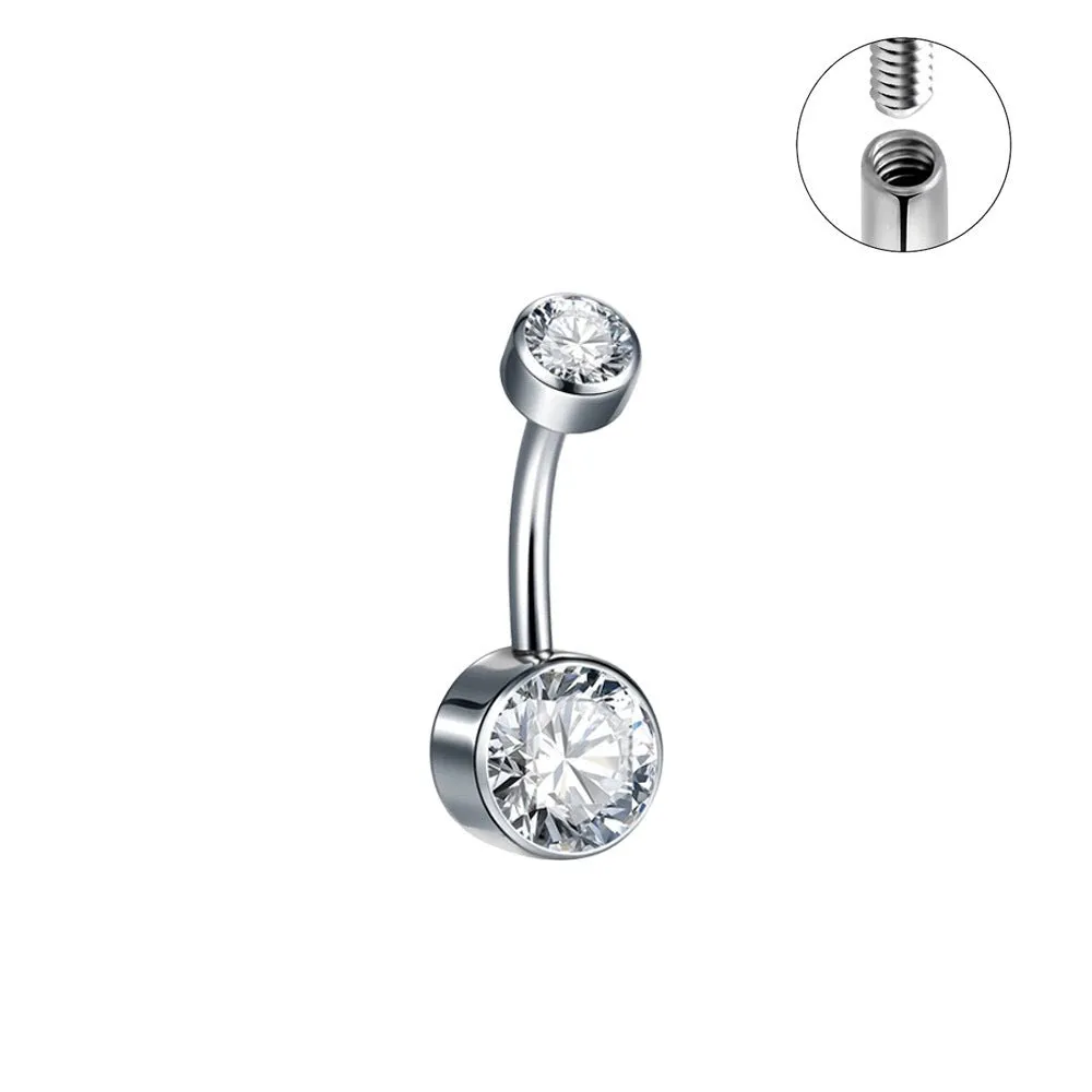 Titanium alloy double-headed navel stud with zircon accents in various colours and lengths.
