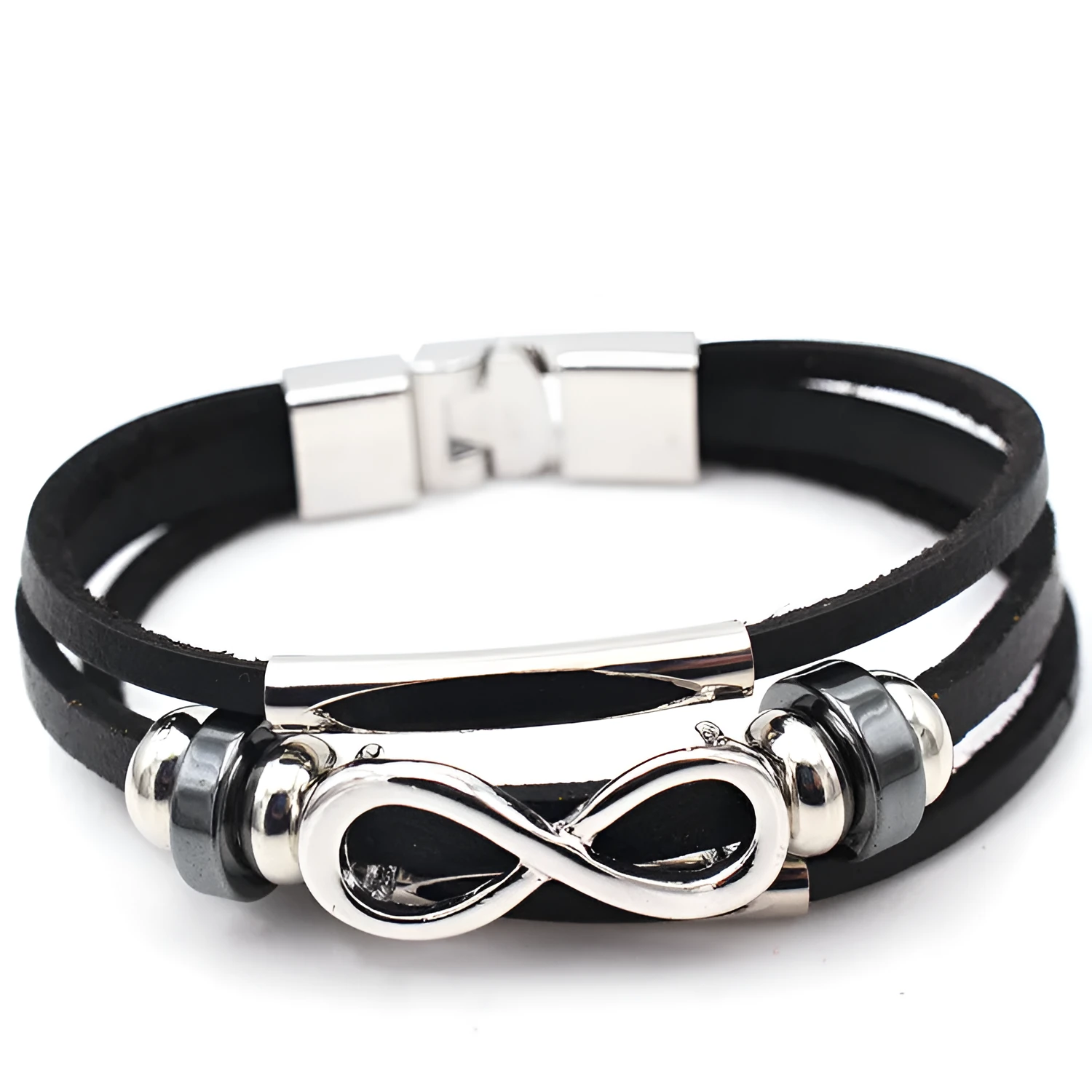 Men's Leather Bracelet Figure 8 Infinity Symbol Cowhide Retro European and American Style Unisex Black Brown Electroplated Silver Pendant Chain Independent Packaging