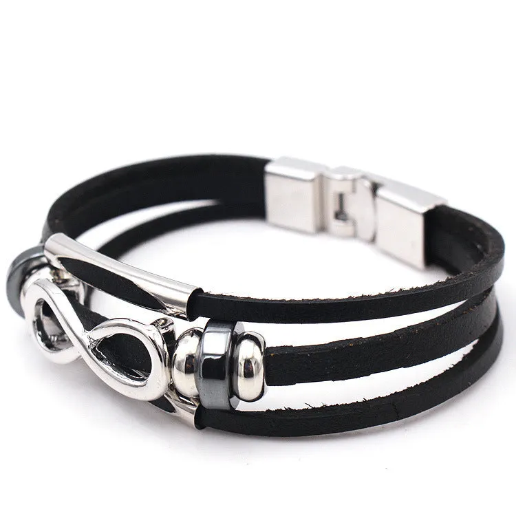 Men's Leather Bracelet Figure 8 Infinity Symbol Cowhide Retro European and American Style Unisex Black Brown Electroplated Silver Pendant Chain Independent Packaging
