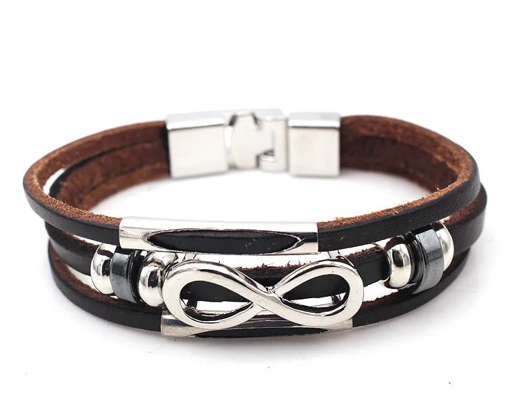 Men's Leather Bracelet Figure 8 Infinity Symbol Cowhide Retro European and American Style Unisex Black Brown Electroplated Silver Pendant Chain Independent Packaging