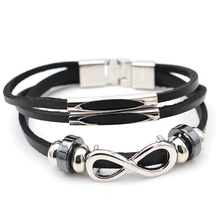 Men's Leather Bracelet Figure 8 Infinity Symbol Cowhide Retro European and American Style Unisex Black Brown Electroplated Silver Pendant Chain Independent Packaging