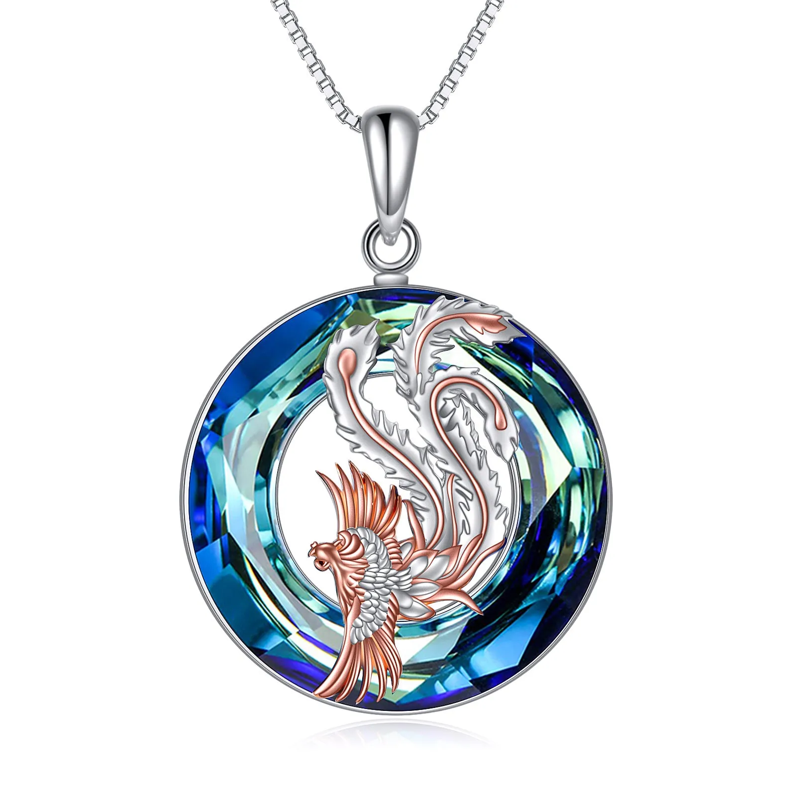 Nirvana Phoenix pendant necklace in sterling silver with crystal stone on silver box chain