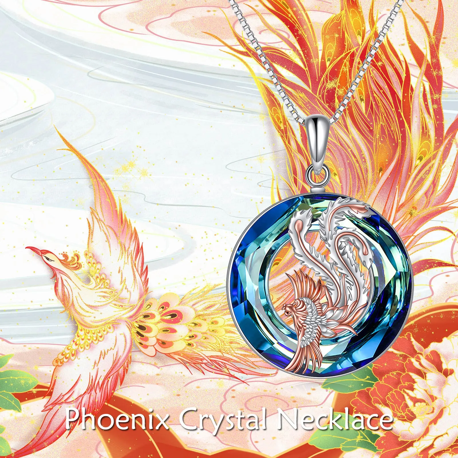 Nirvana Phoenix pendant necklace in sterling silver with crystal stone on silver box chain