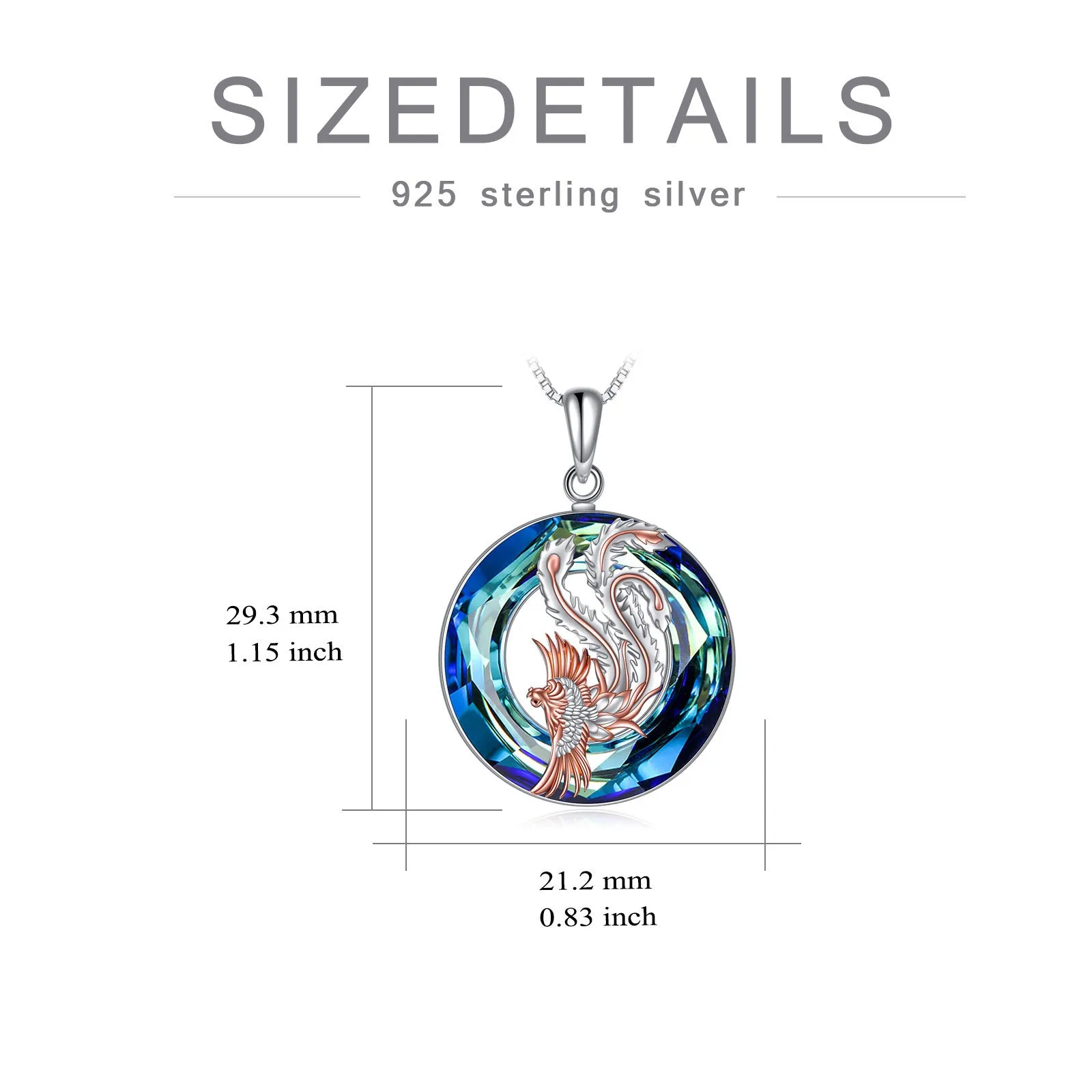 Nirvana Phoenix pendant necklace in sterling silver with crystal stone on silver box chain