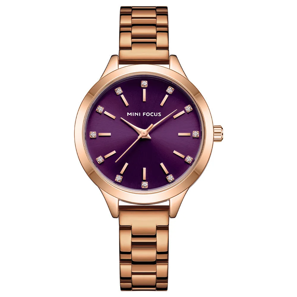 Women's 34mm solid steel strap quartz watch with rhinestone accents, blue dial, alloy case, 3ATM water-resistant