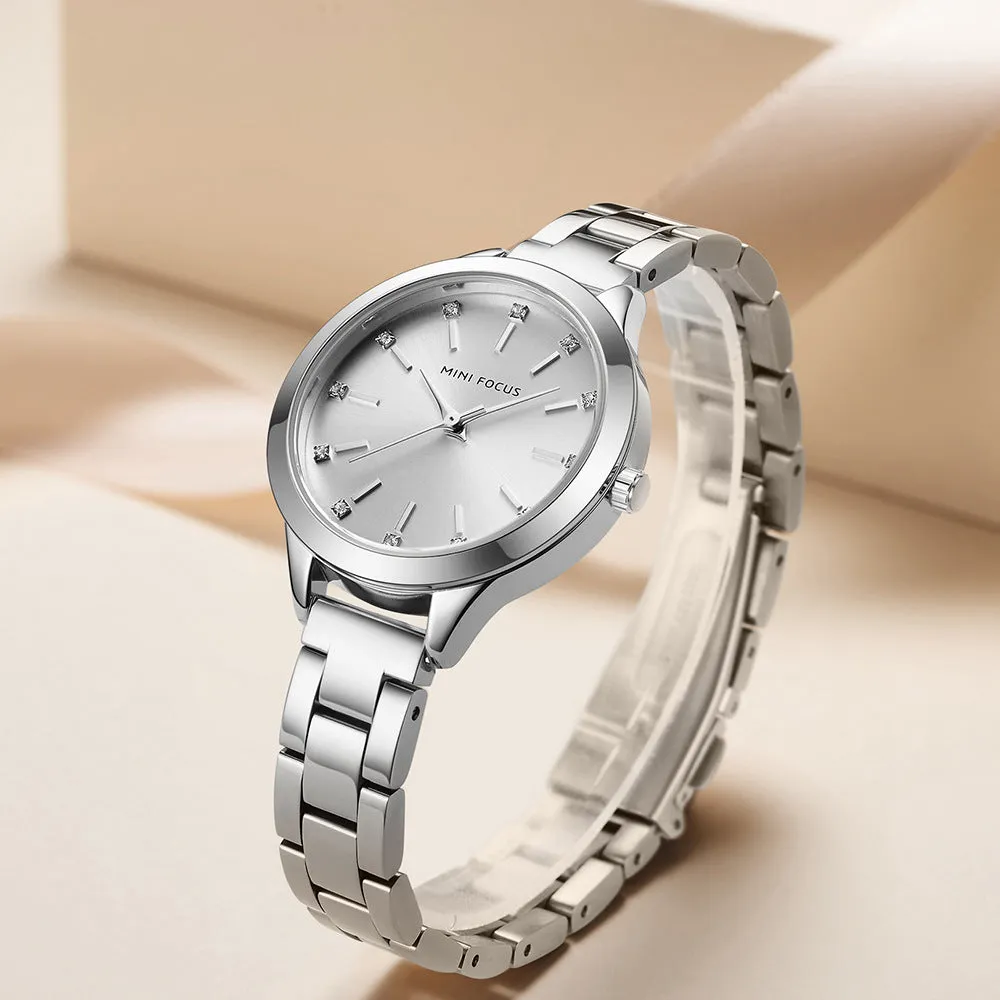 Women's 34mm solid steel strap quartz watch with rhinestone accents, blue dial, alloy case, 3ATM water-resistant
