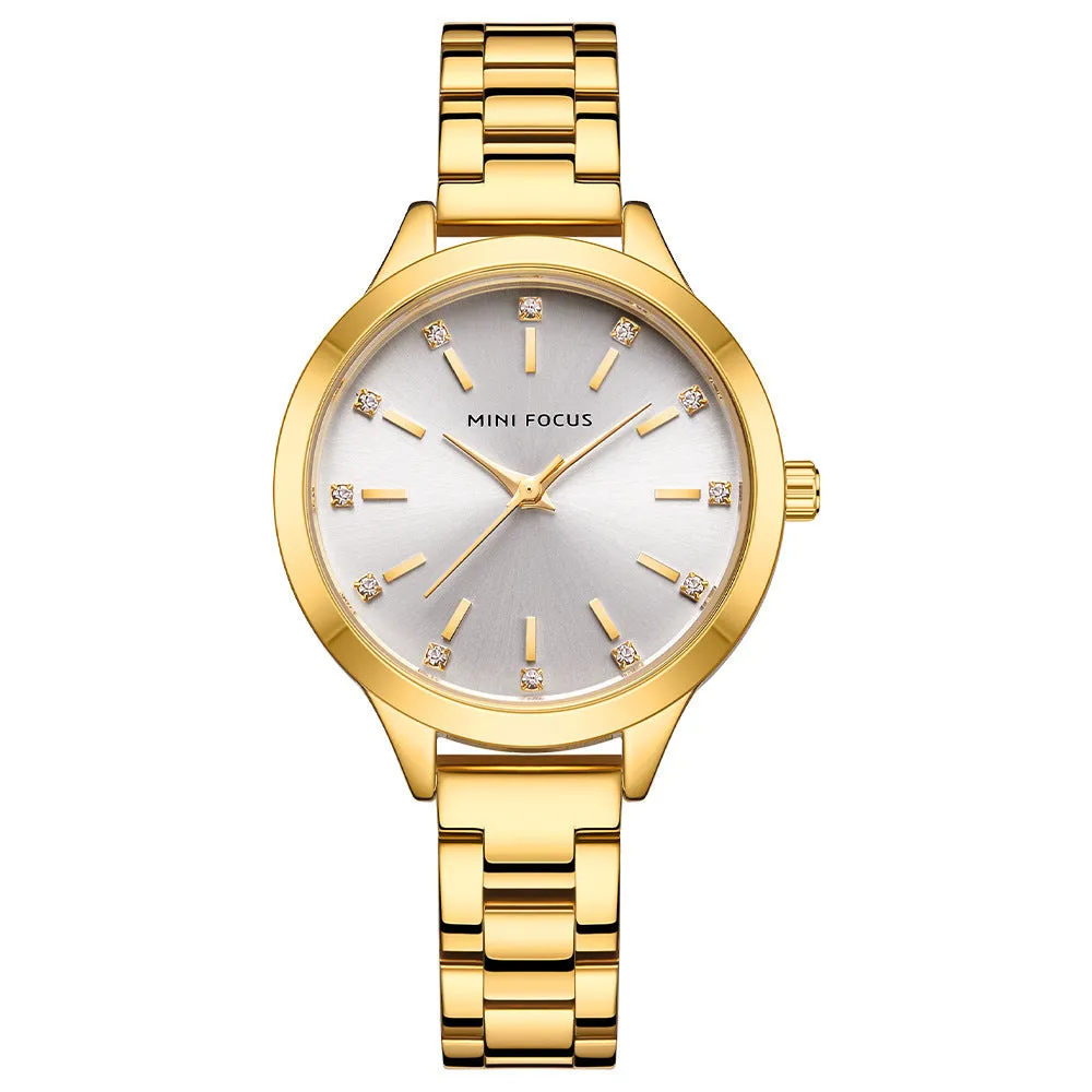 Women's 34mm solid steel strap quartz watch with rhinestone accents, blue dial, alloy case, 3ATM water-resistant
