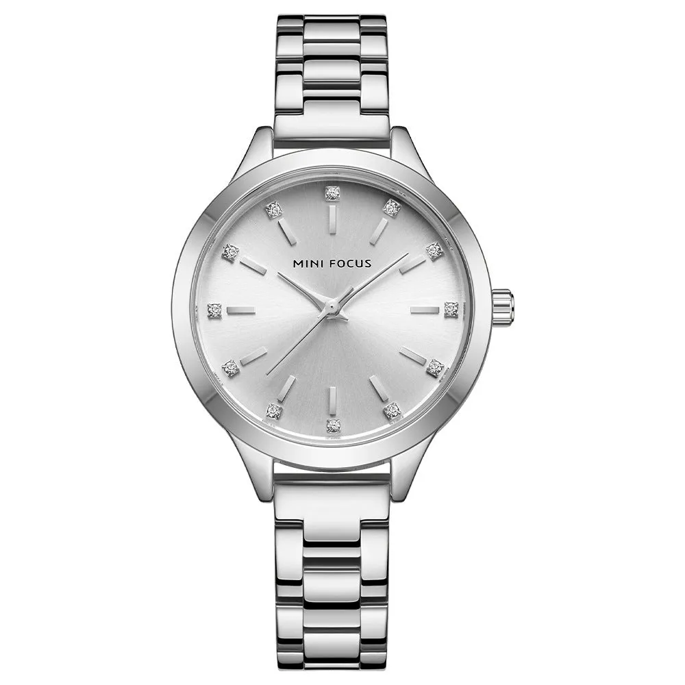 Women's 34mm solid steel strap quartz watch with rhinestone accents, blue dial, alloy case, 3ATM water-resistant