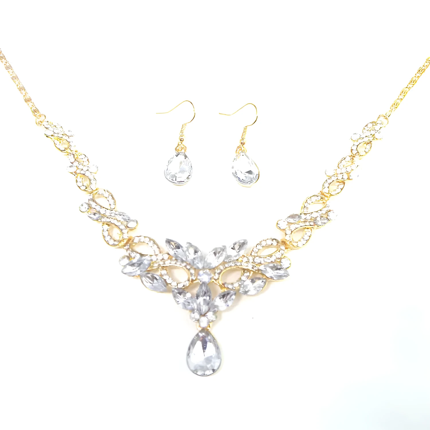 Gold alloy clavicle chain necklace with bow pendant on display