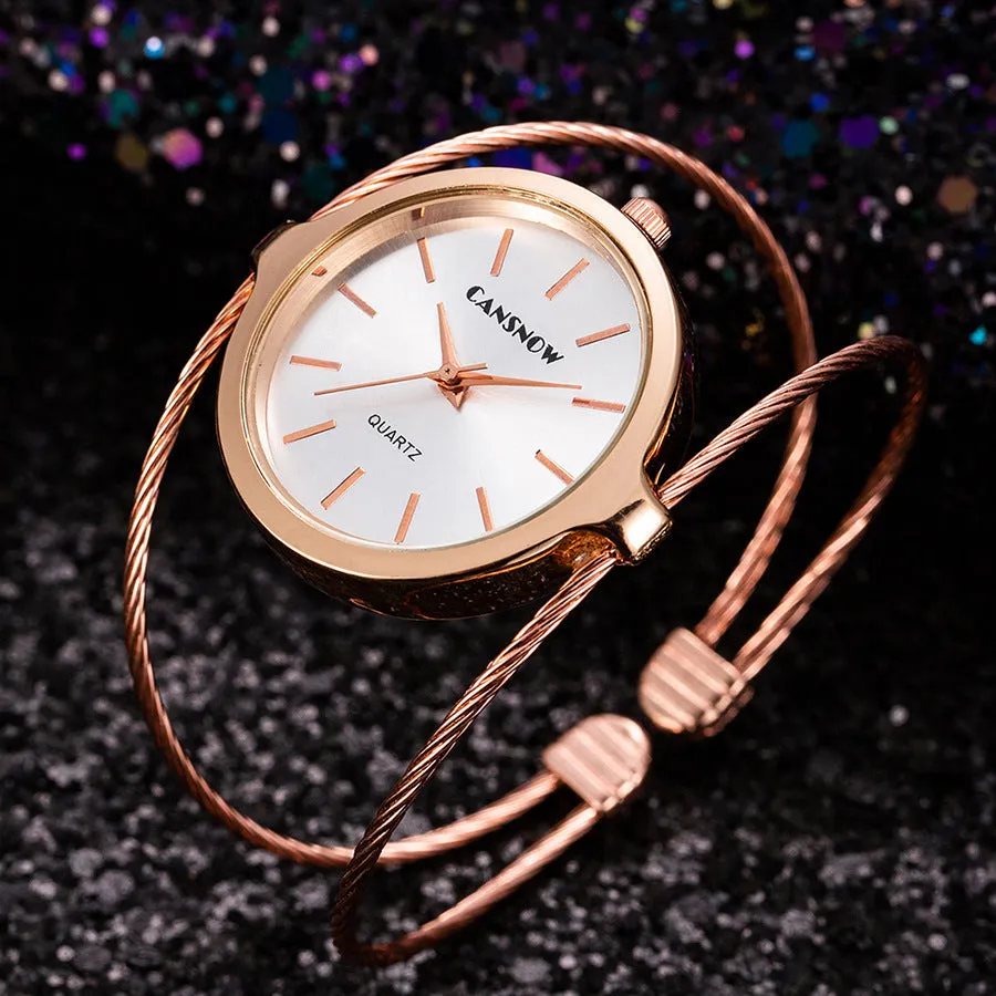 Starry sky design women's steel wire bracelet watch in rose gold with quartz movement and spiral crown