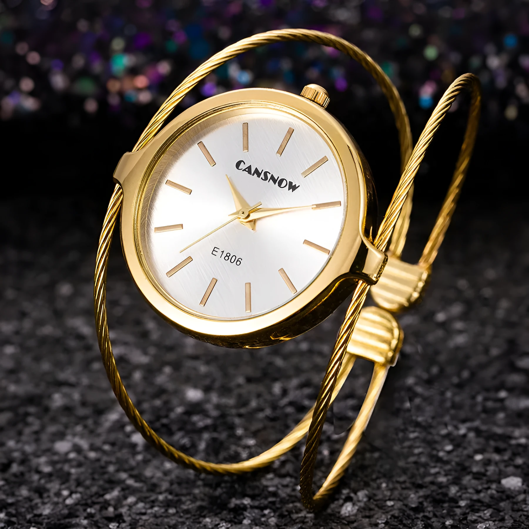 Starry sky design women's steel wire bracelet watch in rose gold with quartz movement and spiral crown