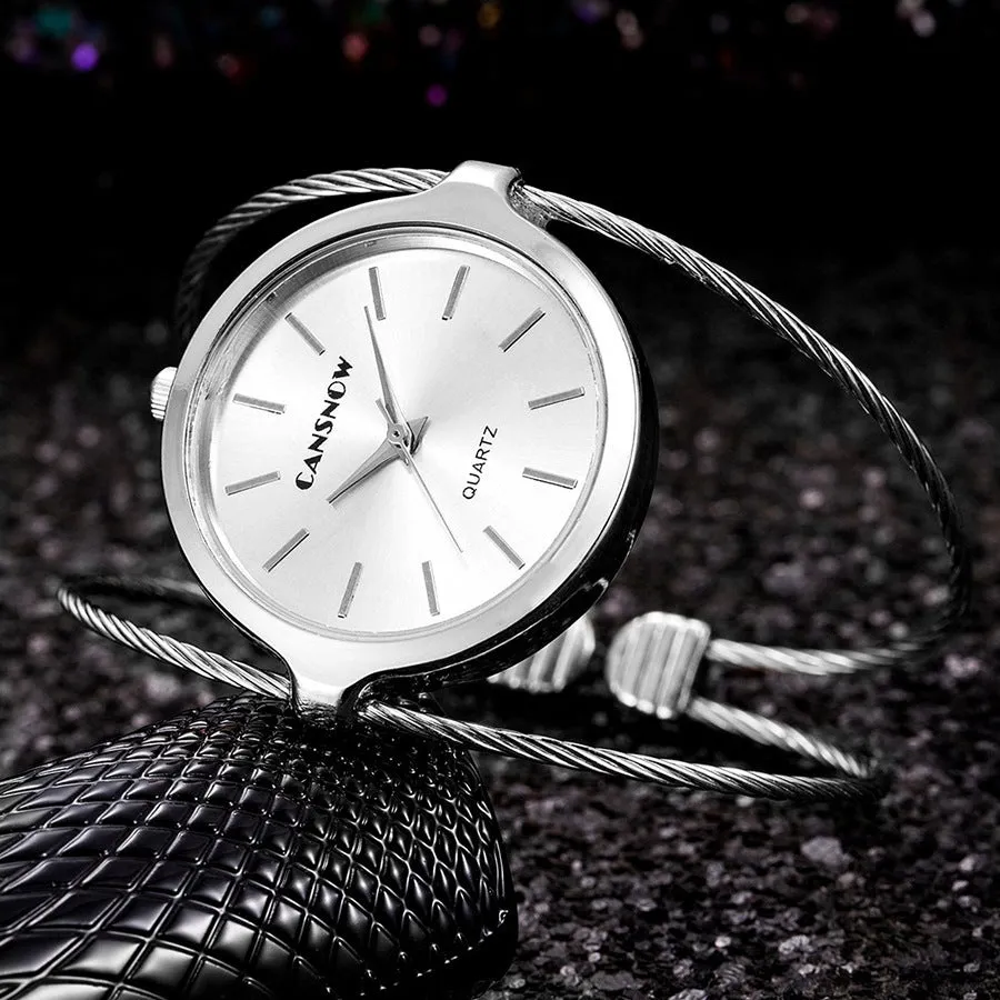 Starry sky design women's steel wire bracelet watch in rose gold with quartz movement and spiral crown