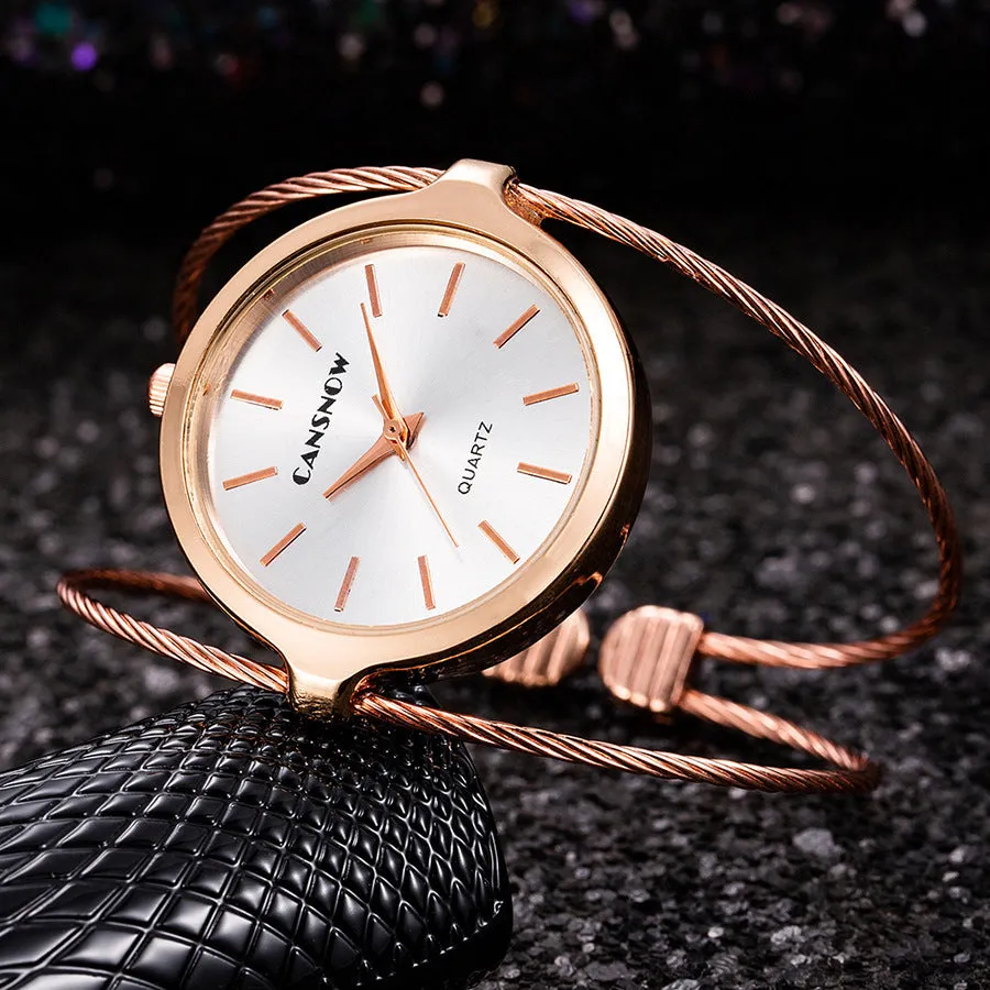 Starry sky design women's steel wire bracelet watch in rose gold with quartz movement and spiral crown