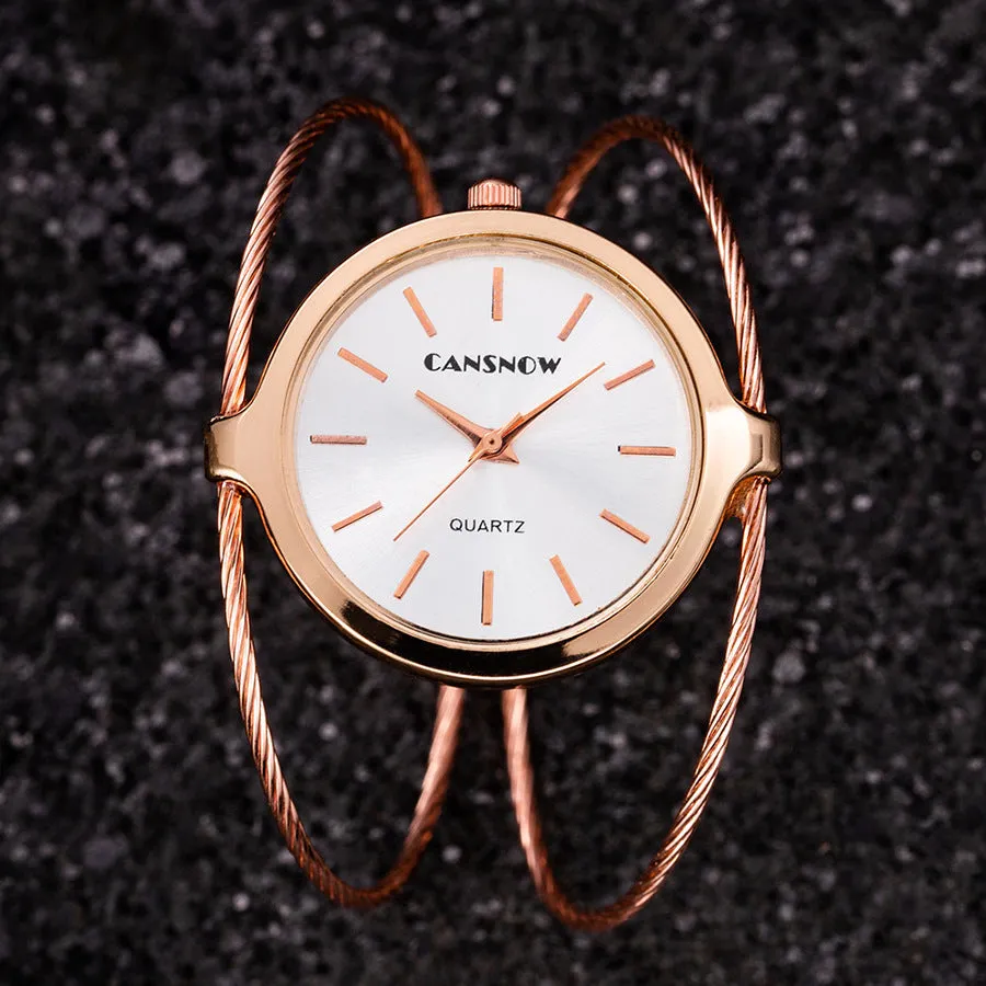 Starry sky design women's steel wire bracelet watch in rose gold with quartz movement and spiral crown