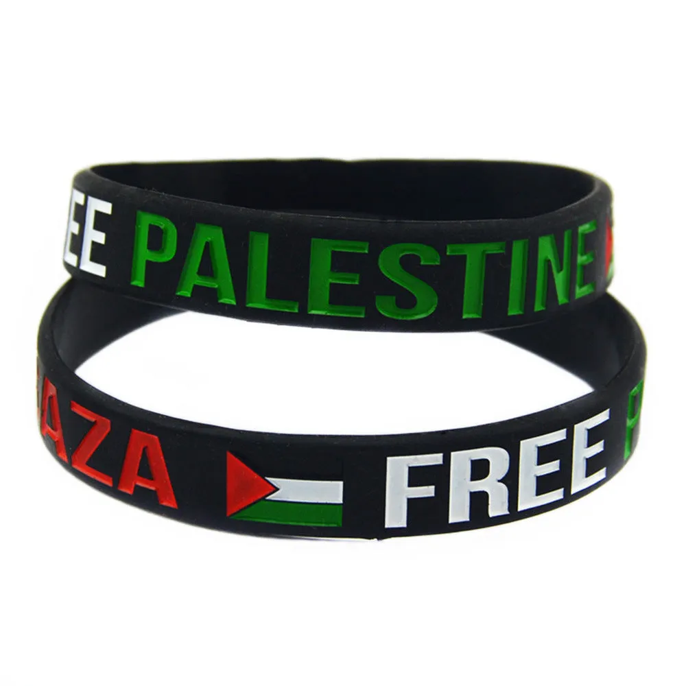 Palestine flag silicone wristband set with black and white bands on display