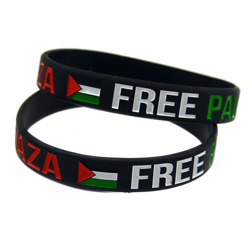 Palestine flag silicone wristband set with black and white bands on display