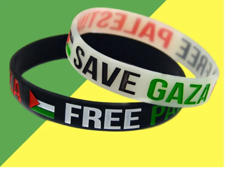Palestine flag silicone wristband set with black and white bands on display