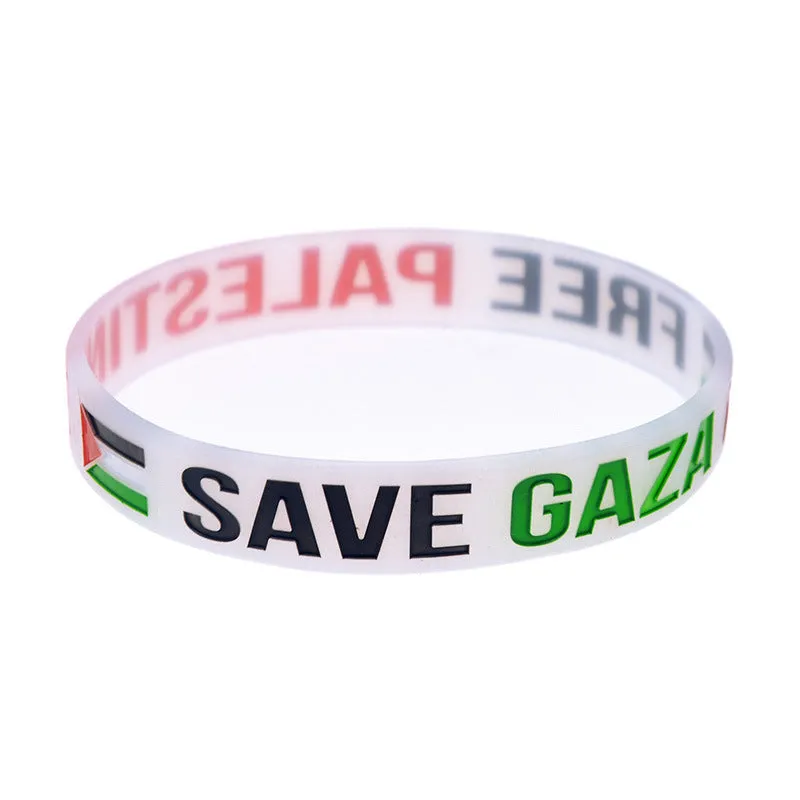 Palestine flag silicone wristband set with black and white bands on display