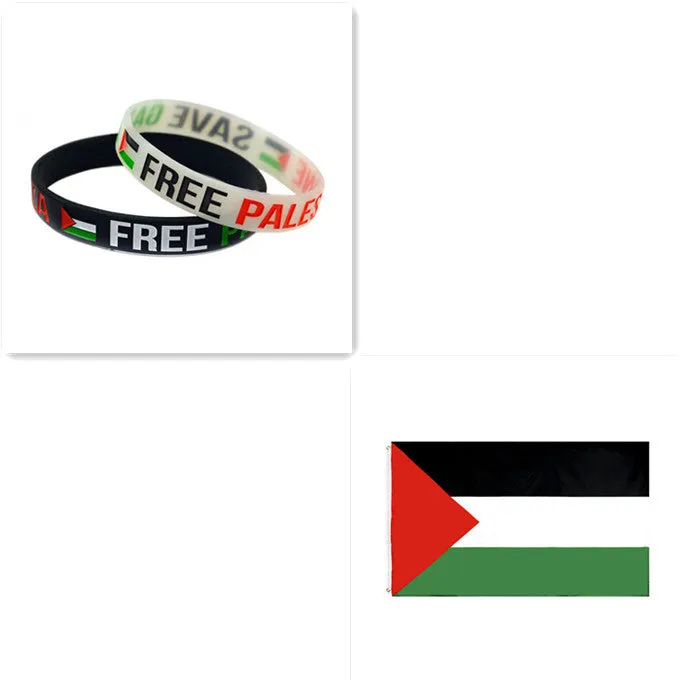 Palestine flag silicone wristband set with black and white bands on display