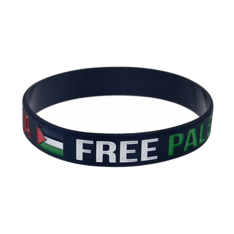 Palestine flag silicone wristband set with black and white bands on display