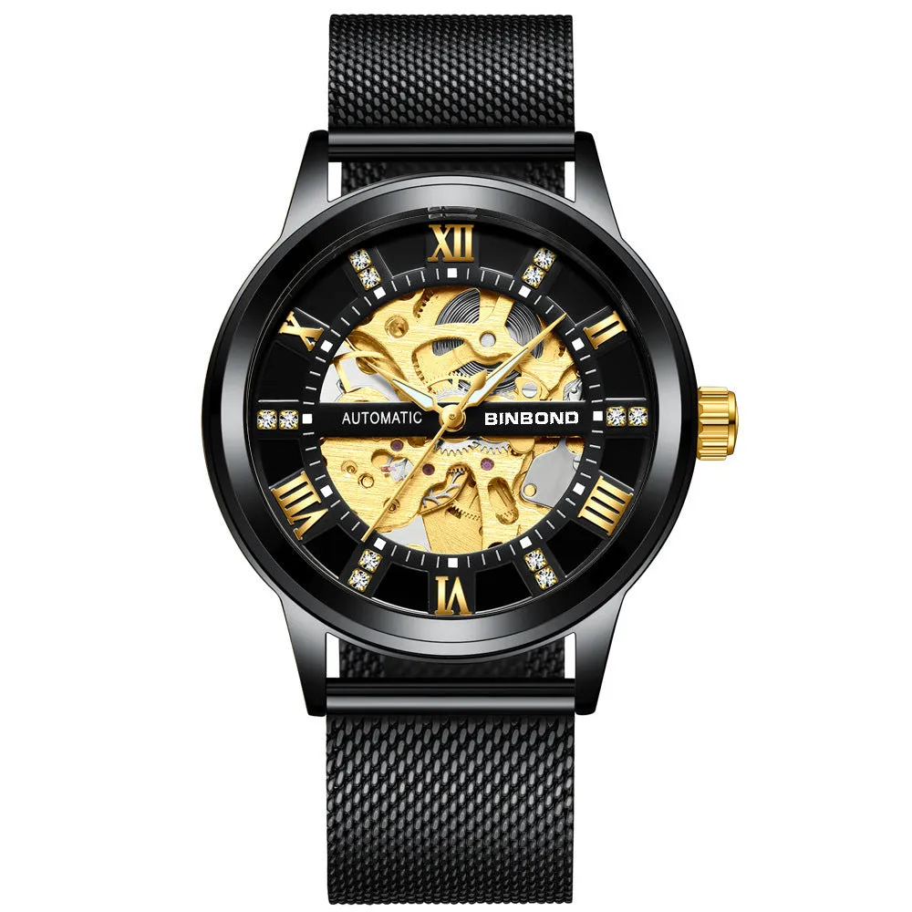 Men's automatic mechanical watch with luminous display metal case black steel black surface