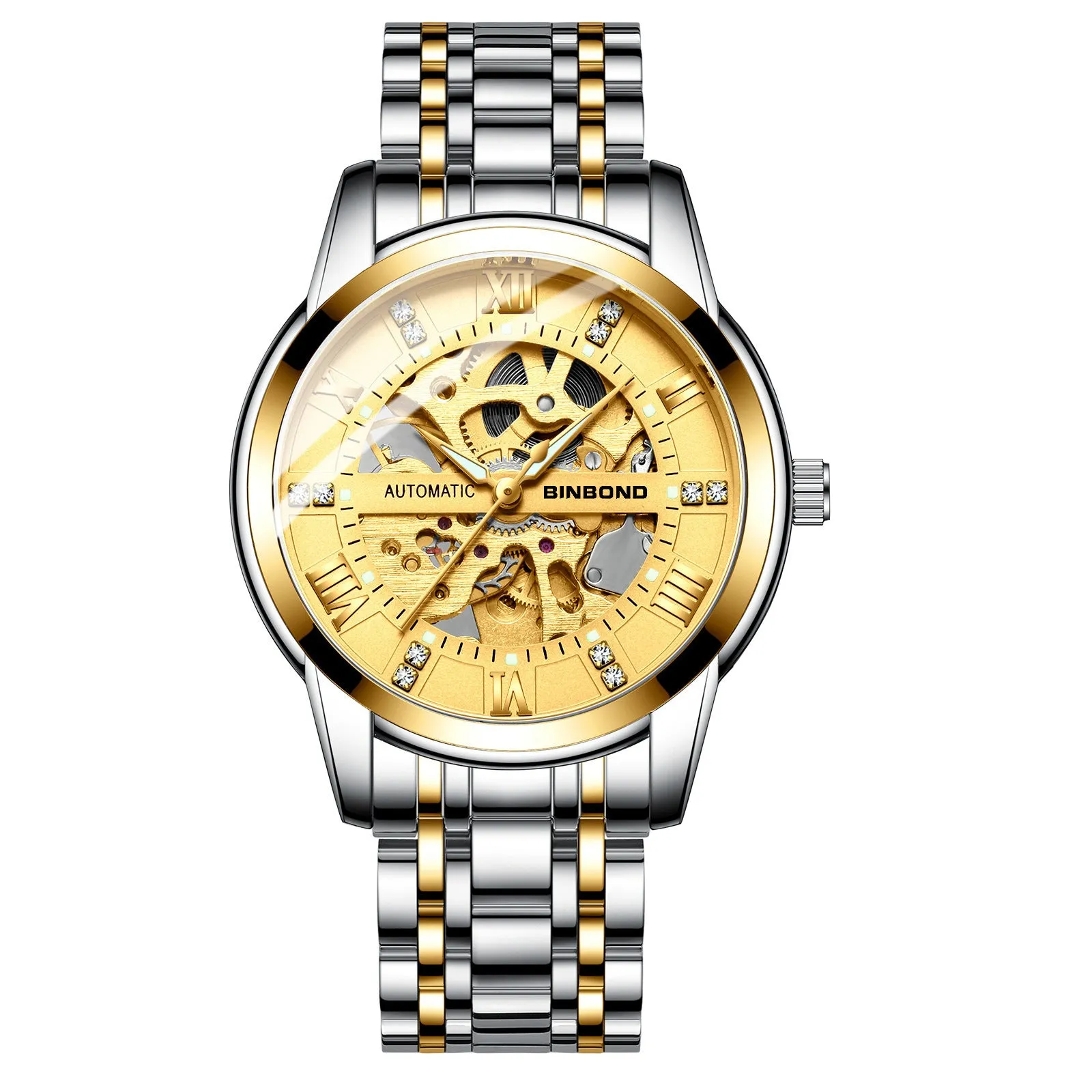Men's automatic mechanical watch with luminous display metal case black steel black surface