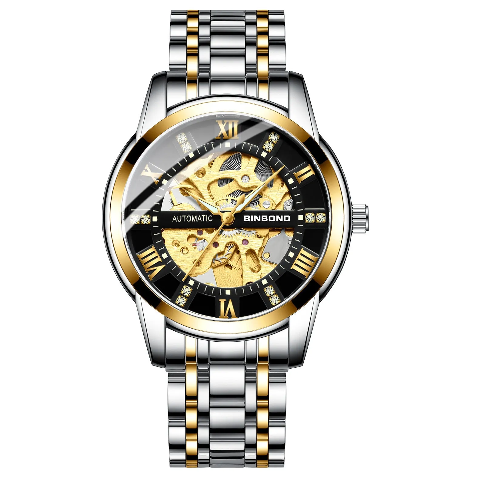 Men's automatic mechanical watch with luminous display metal case black steel black surface