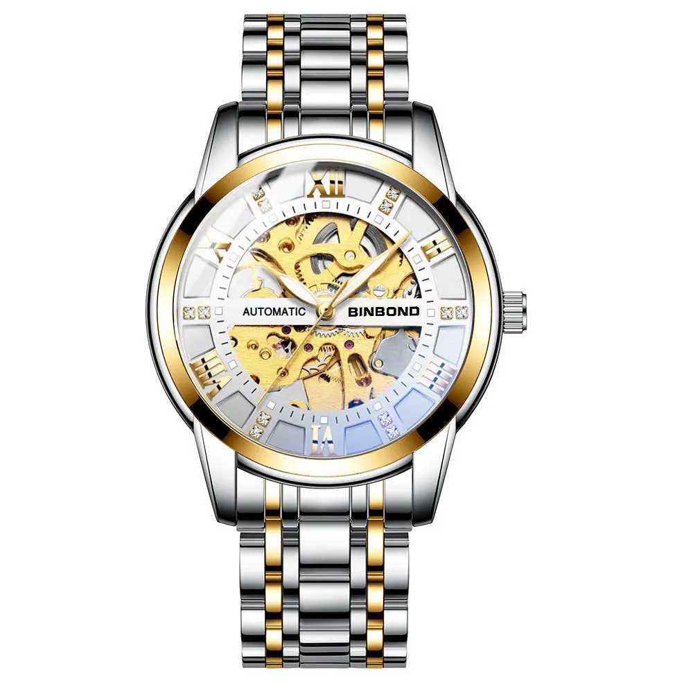 Men's automatic mechanical watch with luminous display metal case black steel black surface