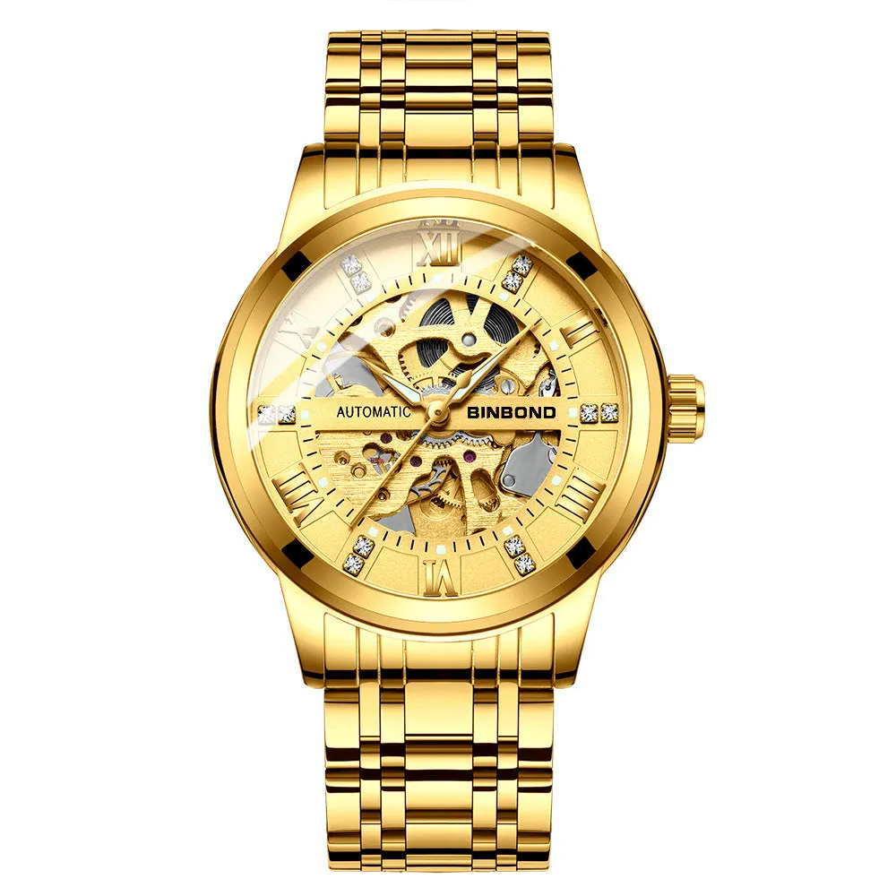Men's automatic mechanical watch with luminous display metal case black steel black surface