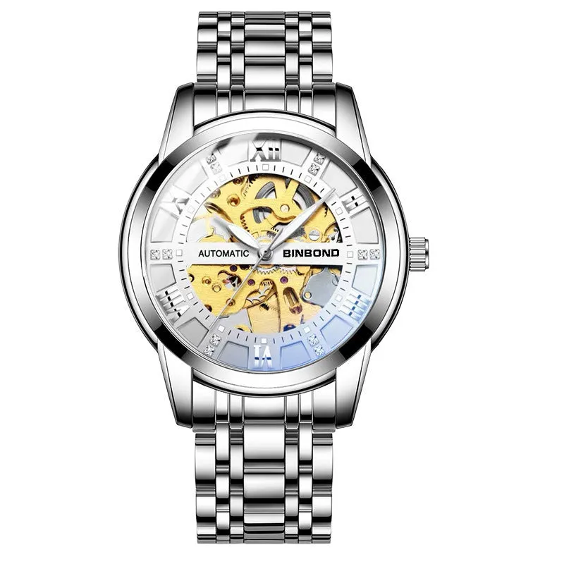 Men's automatic mechanical watch with luminous display metal case black steel black surface