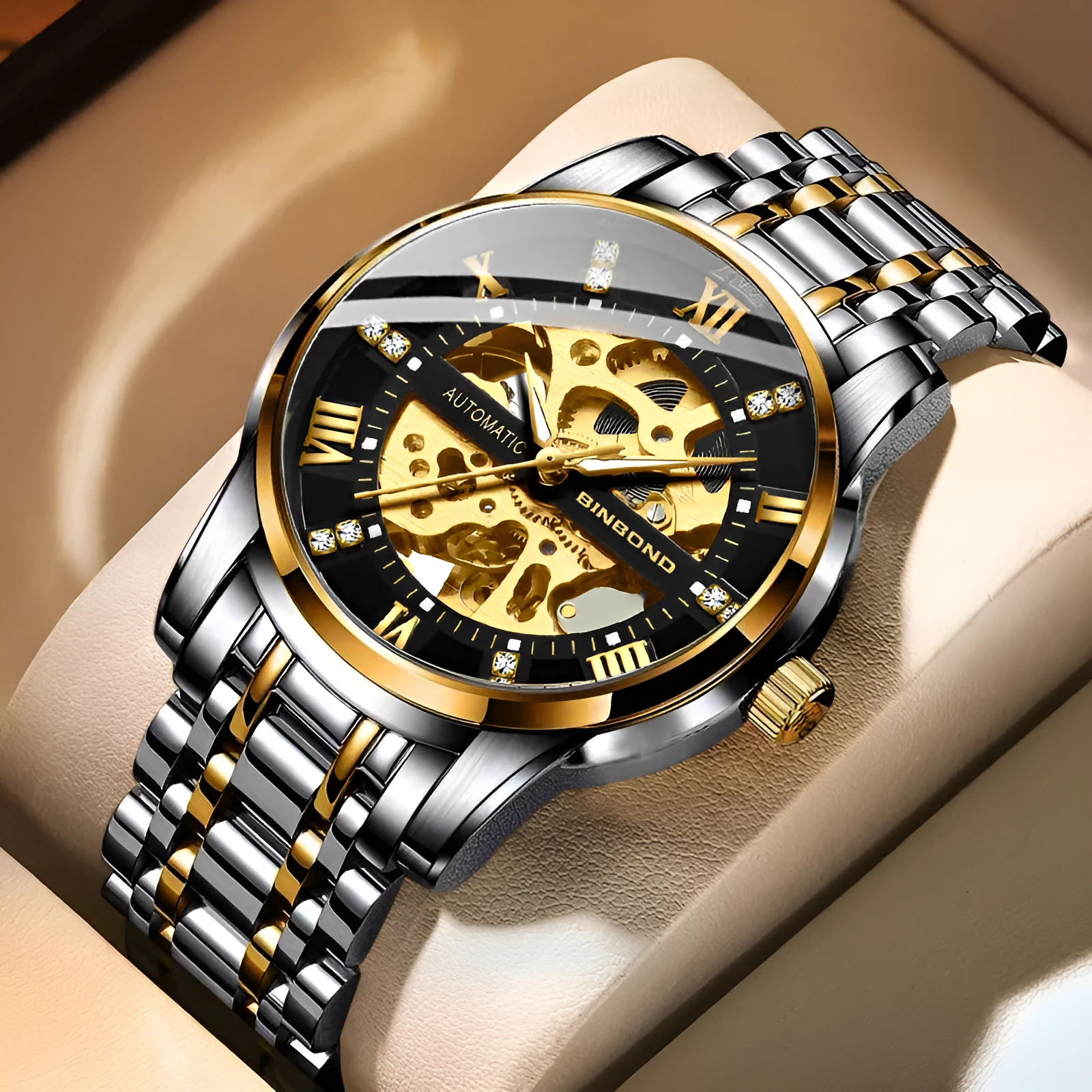 Men's automatic mechanical watch with luminous display metal case black steel black surface