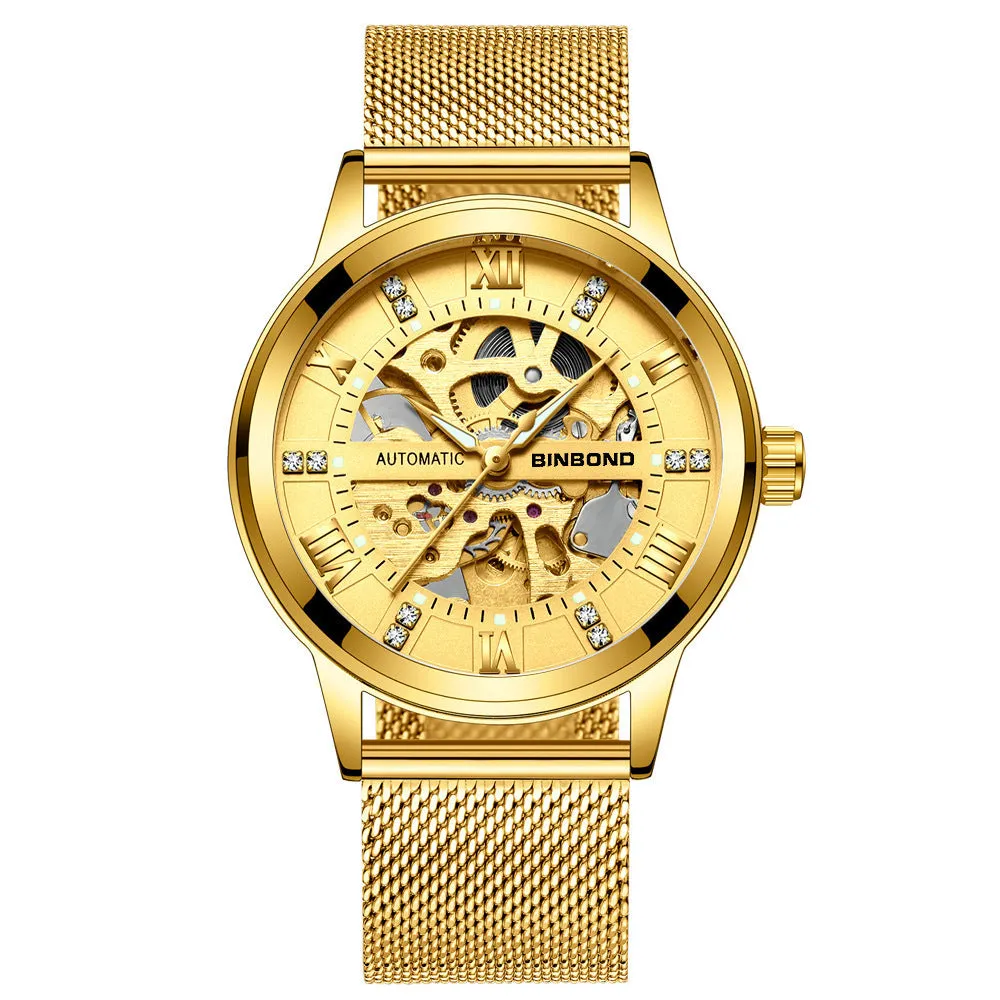 Men's automatic mechanical watch with luminous display metal case black steel black surface