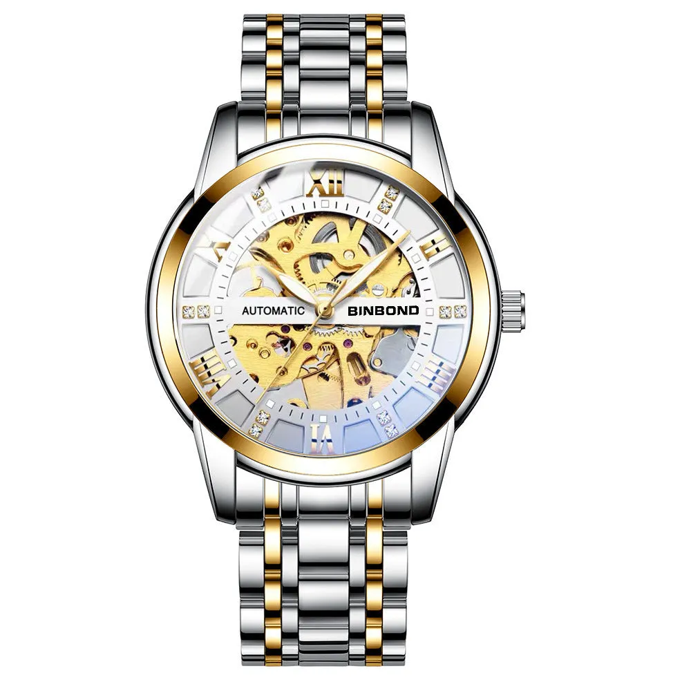 Men's automatic mechanical watch with luminous display metal case black steel black surface