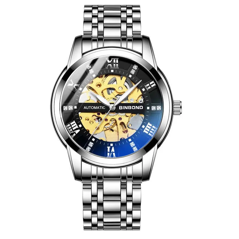 Men's automatic mechanical watch with luminous display metal case black steel black surface