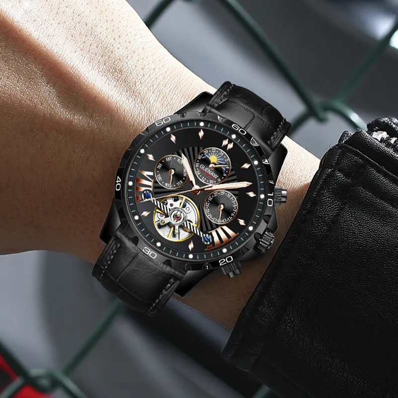 Men's automatic mechanical watch with hollowed-out dial, silver case, green circle, and black leather strap