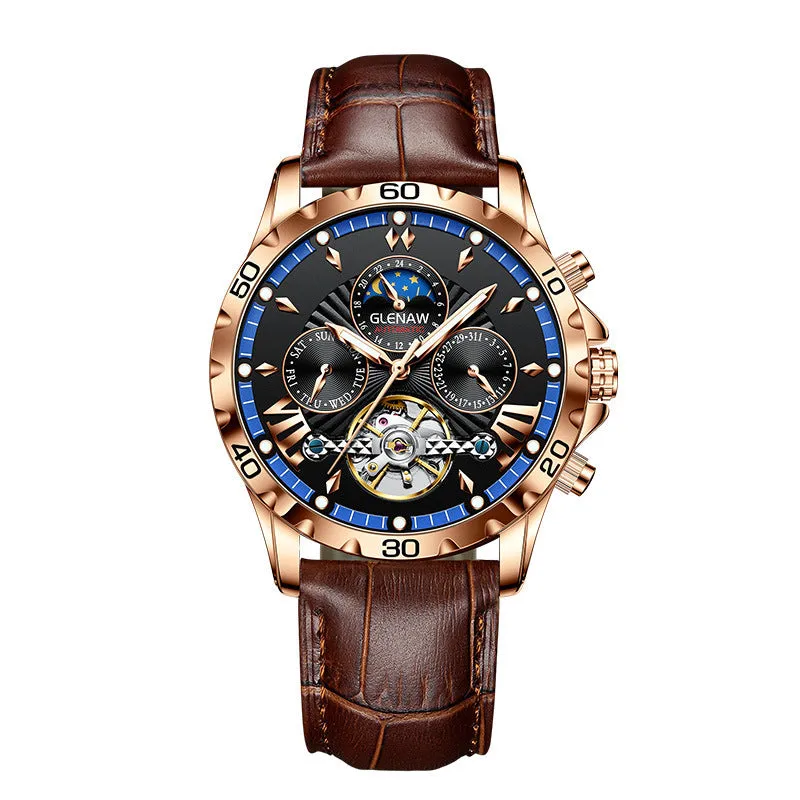 Men's automatic mechanical watch with hollowed-out dial, silver case, green circle, and black leather strap