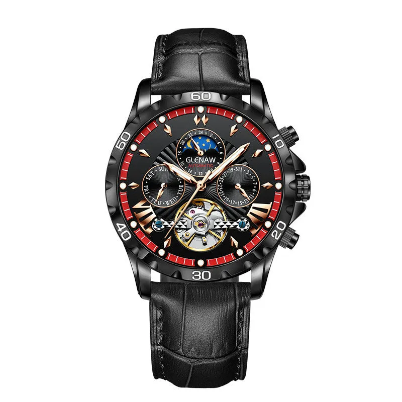Men's automatic mechanical watch with hollowed-out dial, silver case, green circle, and black leather strap