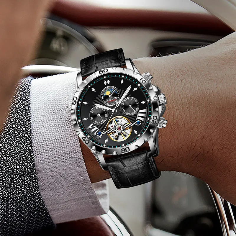 Men's automatic mechanical watch with hollowed-out dial, silver case, green circle, and black leather strap