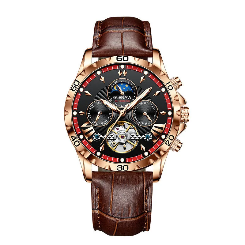 Men's automatic mechanical watch with hollowed-out dial, silver case, green circle, and black leather strap