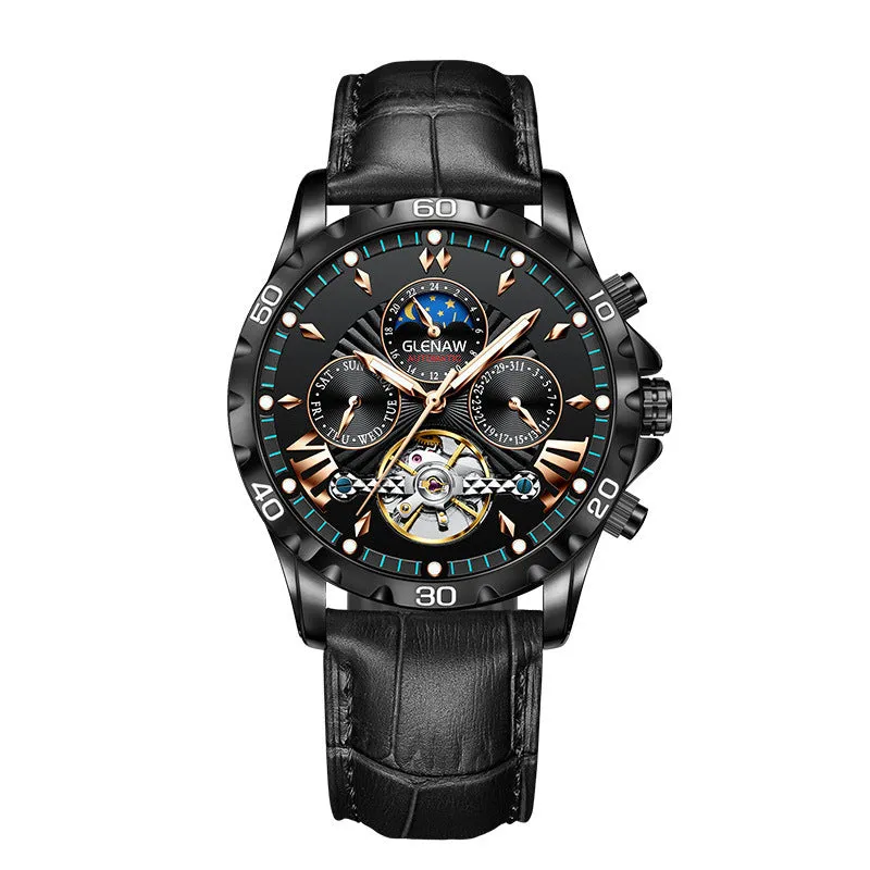 Men's automatic mechanical watch with hollowed-out dial, silver case, green circle, and black leather strap